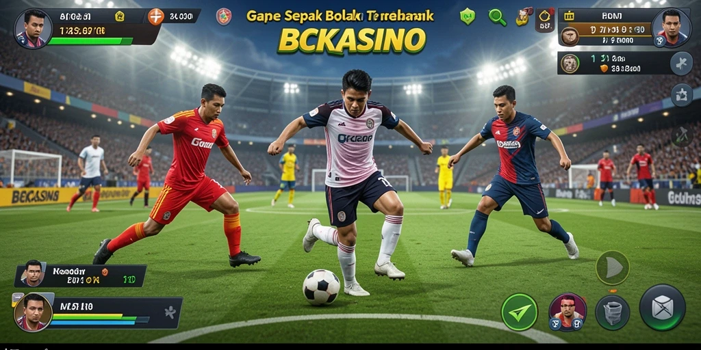 Screenshot gameplay BCKASINO menampilkan aksi seru sepak bola.