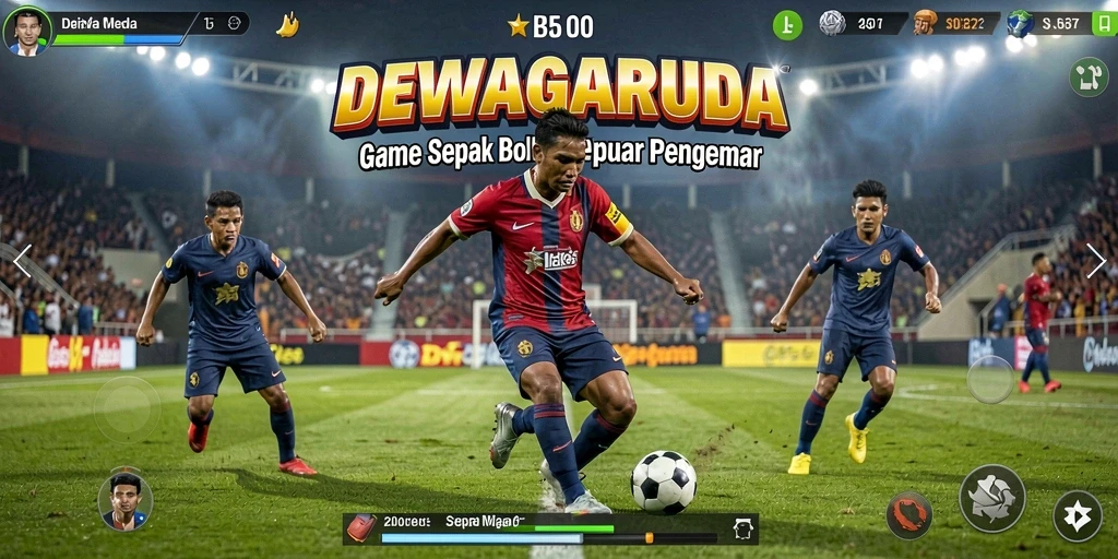 Tampilan gameplay DEWAGARUDA dalam aksi sepak bola yang seru.