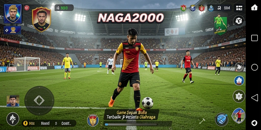 Tangkapan layar gameplay NAGA2000 menampilkan aksi seru di lapangan sepak bola.