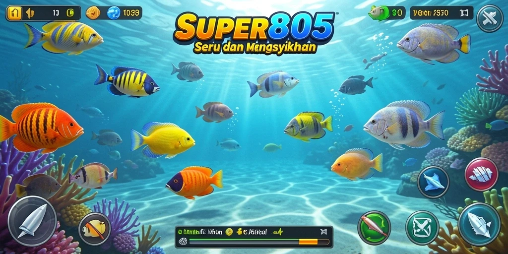 Screenshot gameplay SUPER805 yang menampilkan aksi menembak ikan.