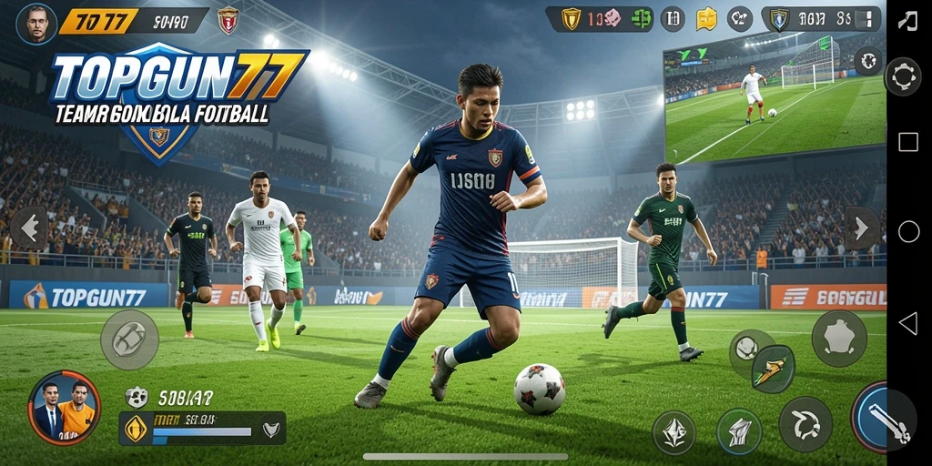 Screenshot gameplay <strong>TOPGUN77</strong> menampilkan aksi mendebarkan di lapangan sepak bola.