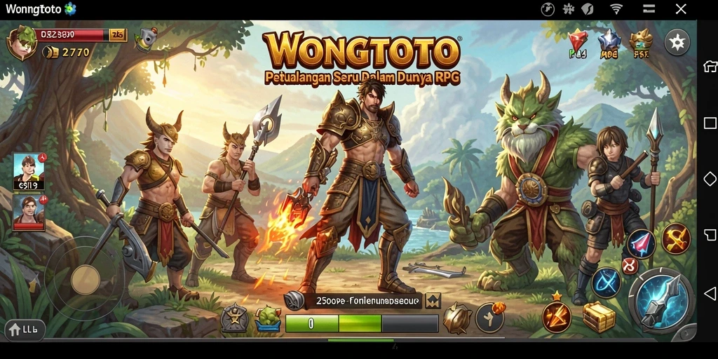 Screenshot utama WONGTOTO menampilkan karakter heroik dalam pertempuran RPG.